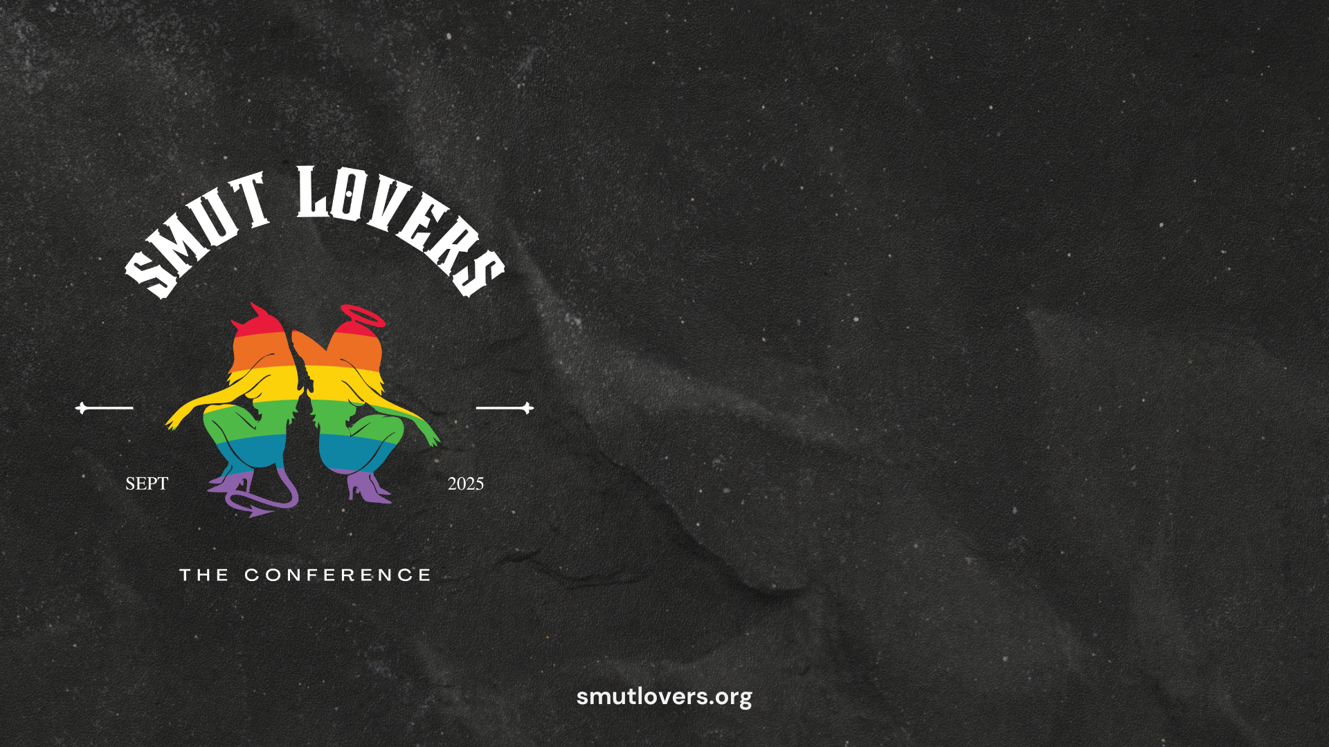The logo for the Smut Lovers Conference with an angel and devil silhouette in rainbow colors on a black textured background