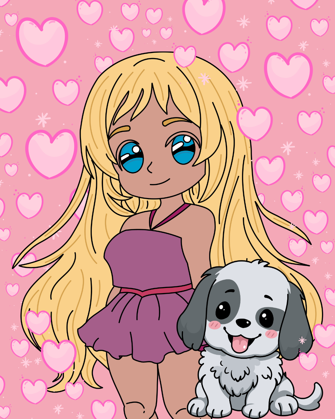 Chibi images of a blonde girl wearing a pink dress and a small white and gray dog who are surrounded by pink hearts on a pink background